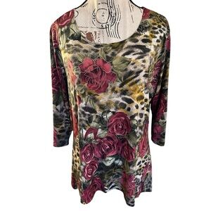 Y2K Brittany Black Leopard Rose Print Shirt Top Whimsigoth Grunge L XL Floral